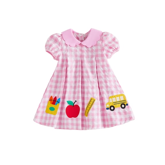 Cjfdfy Toddler Baby Girl Back to School Dress Kindergarten Outfit Kids Baby Girls First Day of School Outfit Summer Fall Apple School Bus Embroidered Short Sleeve Doll Collar Plaid Pleated Dress