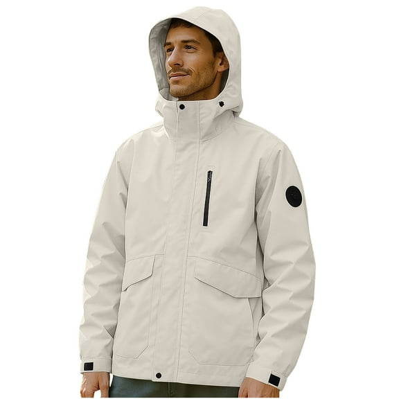 Iugvhana Men's Hooded Softshell Jacket Casual Full Zip Waterproof Outdoor Windbreaker Hiking Shell Jacket with Detachable Hood White M