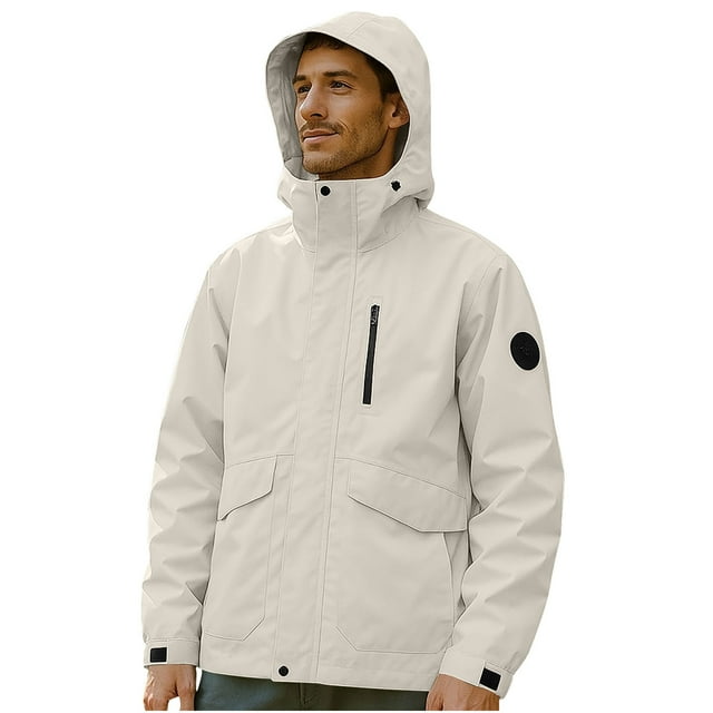 Lovzfmll Coupe-Vent Imperméable pour Hommes, Capuche Amovible, Veste de Randonnée Extérieure Résistante à l'Eau de Couleur Unie avec Poches Zippées