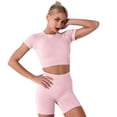 thumbnail image 2 of IBTOM CASTLE Women Workout Sets Yoga Outfits, Short Sleeve Crop Top + High Waisted Running Short Pants Gym Clothes Tracksuit, 2-Piece M Pink, 2 of 6