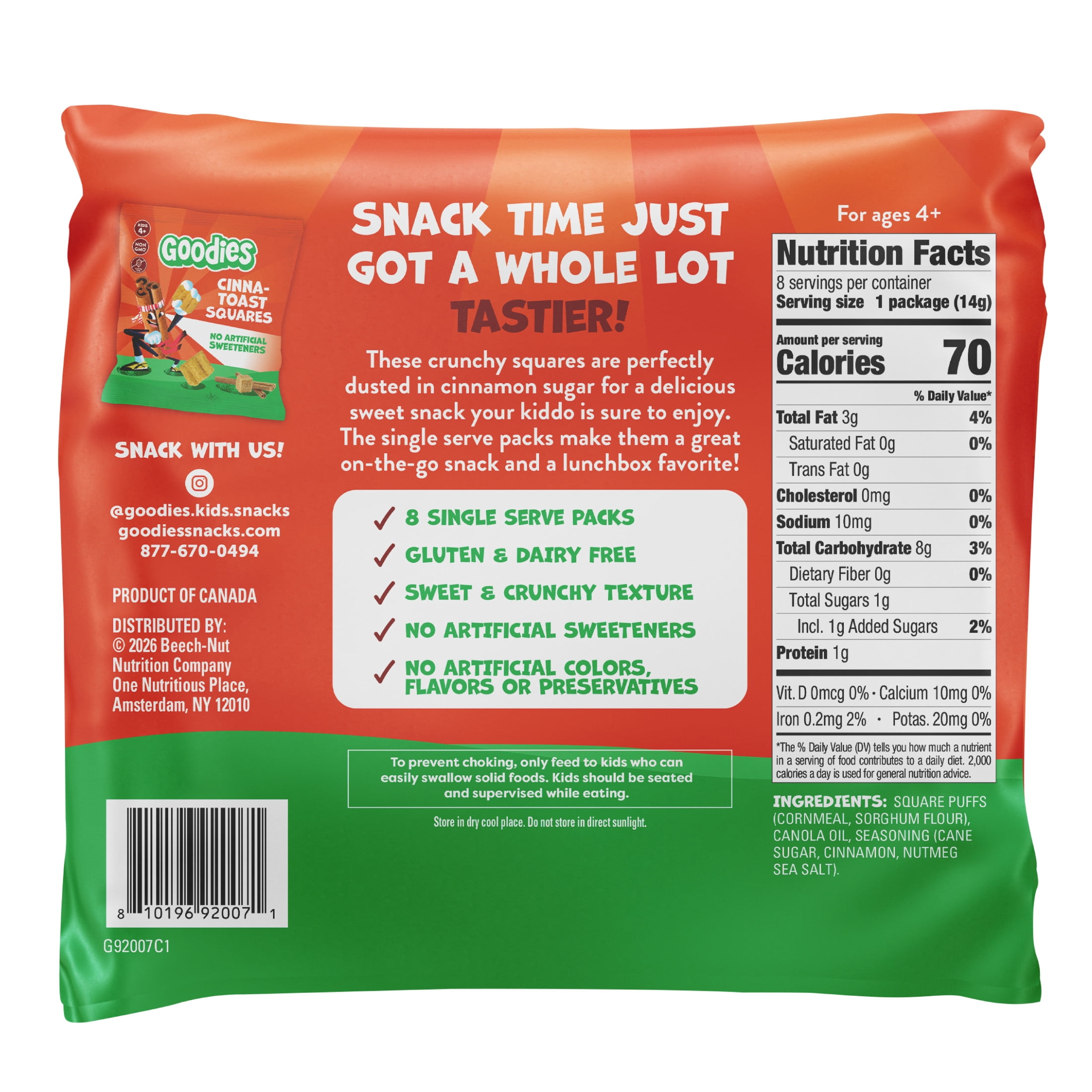 Goodies Cinna-Toast Squares Gluten Free Kids Snack, Non-GMO, 32 snack packs