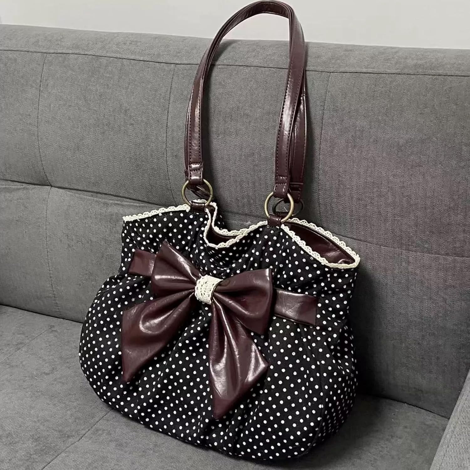 SPEKSEE Polka Dot Purse for Women Vintage Large Capacity Bow HandBag J Fashion Harajuku Gyaru Kawai Whimsical Accessories