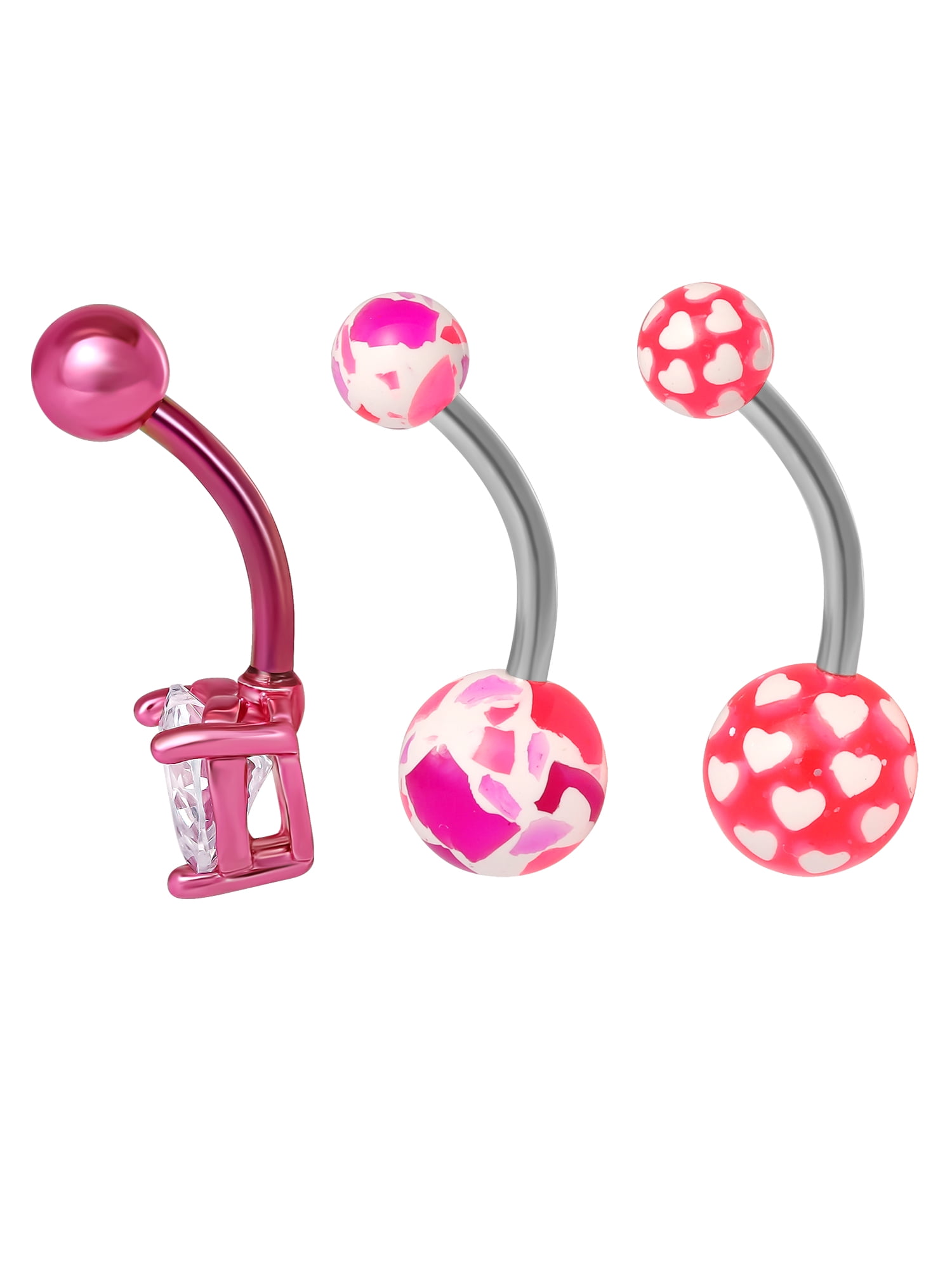 Women’s Stainless-Steel 14G Assorted Pink Belly Rings, 3-Pack Body Jewelry