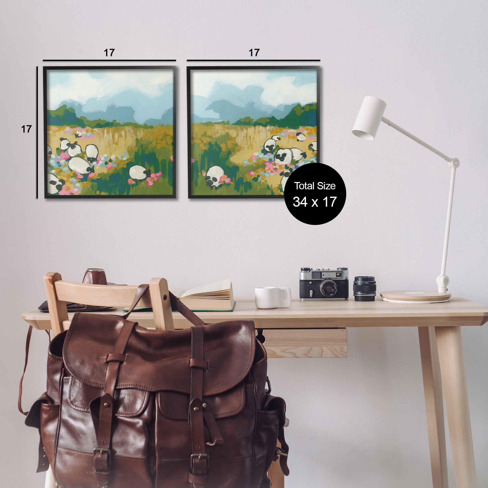 Stupell Industries Scattered Sheep in Field Landscape Painting Black Framed Art Print Wall Art, 17 x 17, Set of 2
