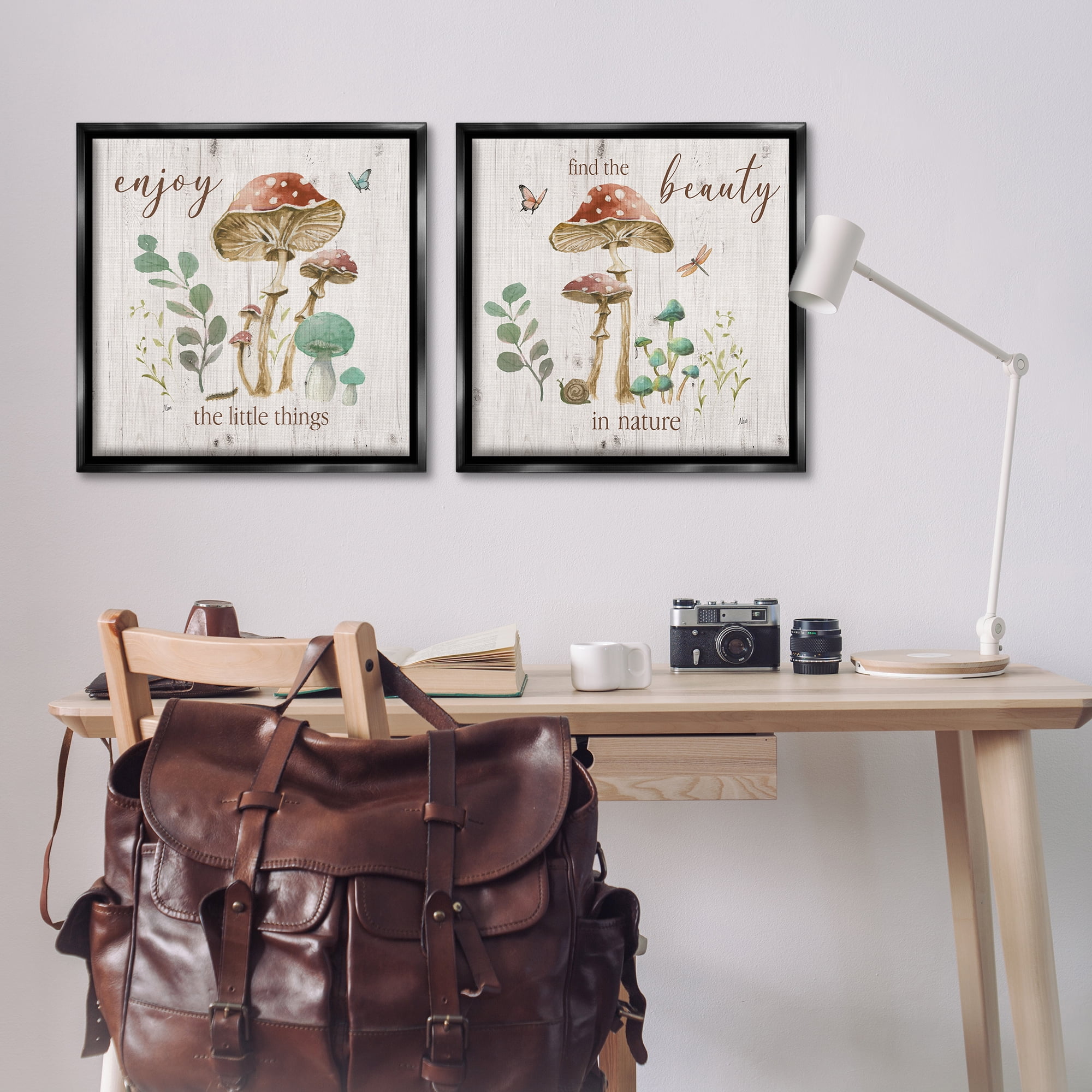 Stupell Industries Enjoy Beauty Mushroom Plants & Flowers Painting Black Floater Framed Canvas Art Print Wall Art, 25 x 25, Set of 2