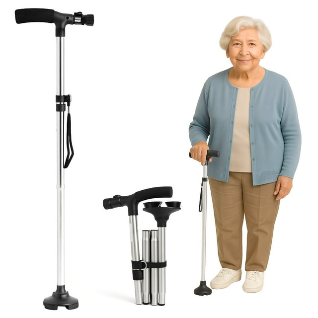 Bastón Plegable con Luz LED y Base Antideslizante | Altura Ajustable 85-97cm | Punta Giratoria 360° | Soporta 130kg | Bastón Ergonómico para Adulto Mayor Hombre Mujer