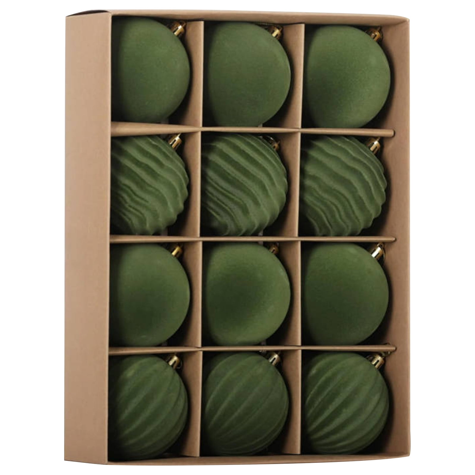 Christmas Ball Ornaments Set 12 Piece Velvet Flocked Green Christmas Tree Decorations for Home Holiday Seasonal Display