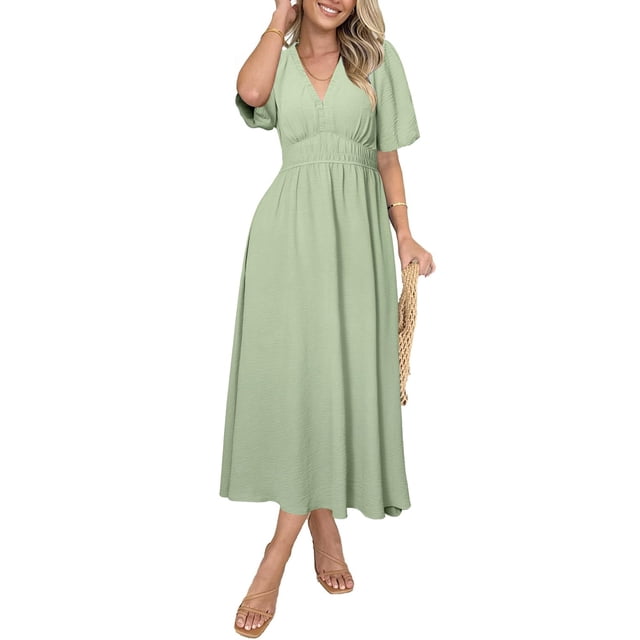 Vestido sencillo para mujer, de verano, fluido, a media pierna, cuello en V, manga corta