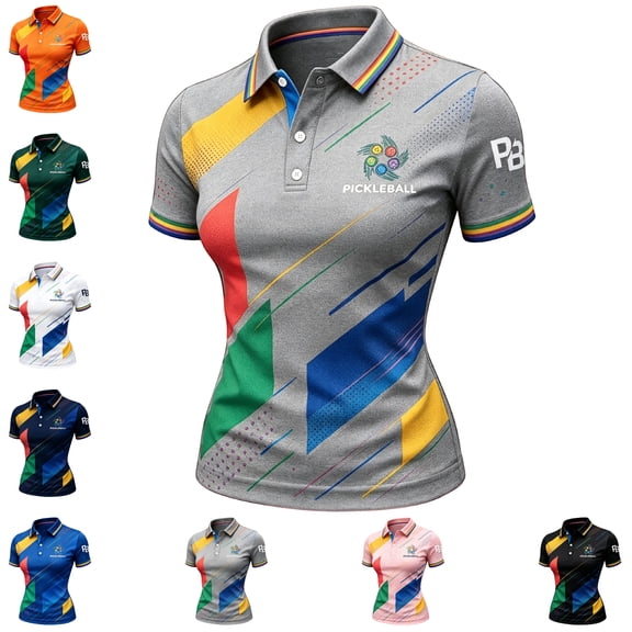 Pickleball Golf Polo Shirts for Women Workout Athletic Tennis Golf Polo Shirt Moisture-Wicking Collared Short Sleeve Colorful Graphic Womens Polos Gray M