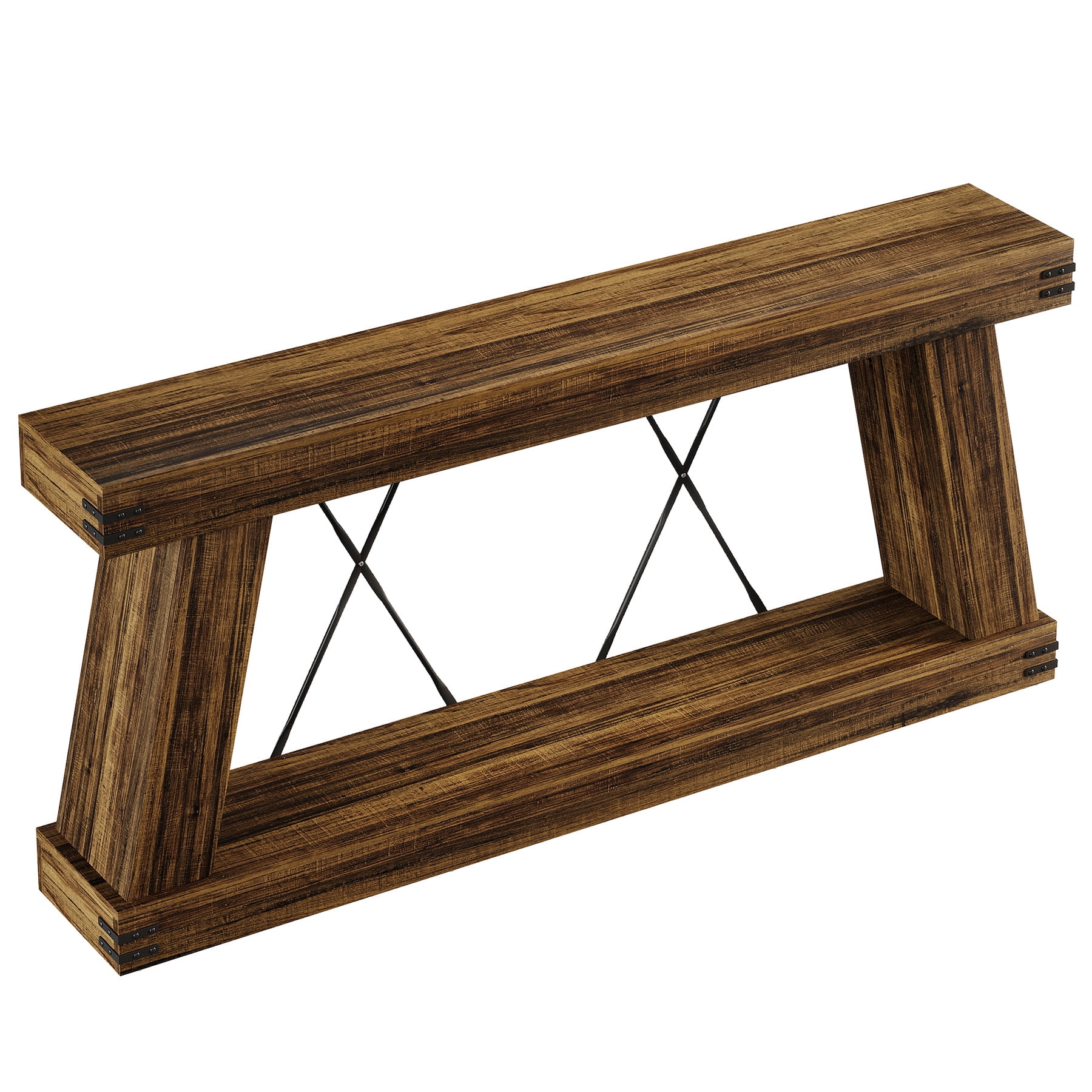 Fnova 70" Farmhouse Console Table, Long 2-Tier Entryway Table with X-Shaped Metal Support, Narrow Wood Sofa Table for Living Room, Hallway, Behind Couch, Dark Brown