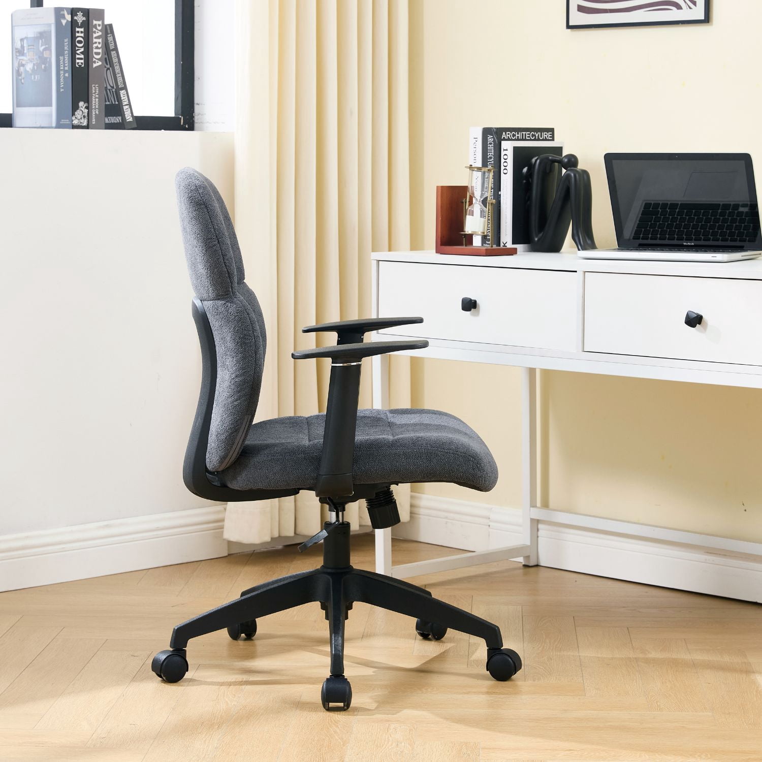 Dayalane Modern Adjustable Office Chair, Swivel Fabric Ergonomic Task Chair with Armrests, 90-120° Tilt Function and Wide Cushion Desk Chair for Home/Bedroom/Study/Office/Conference Room, Grey