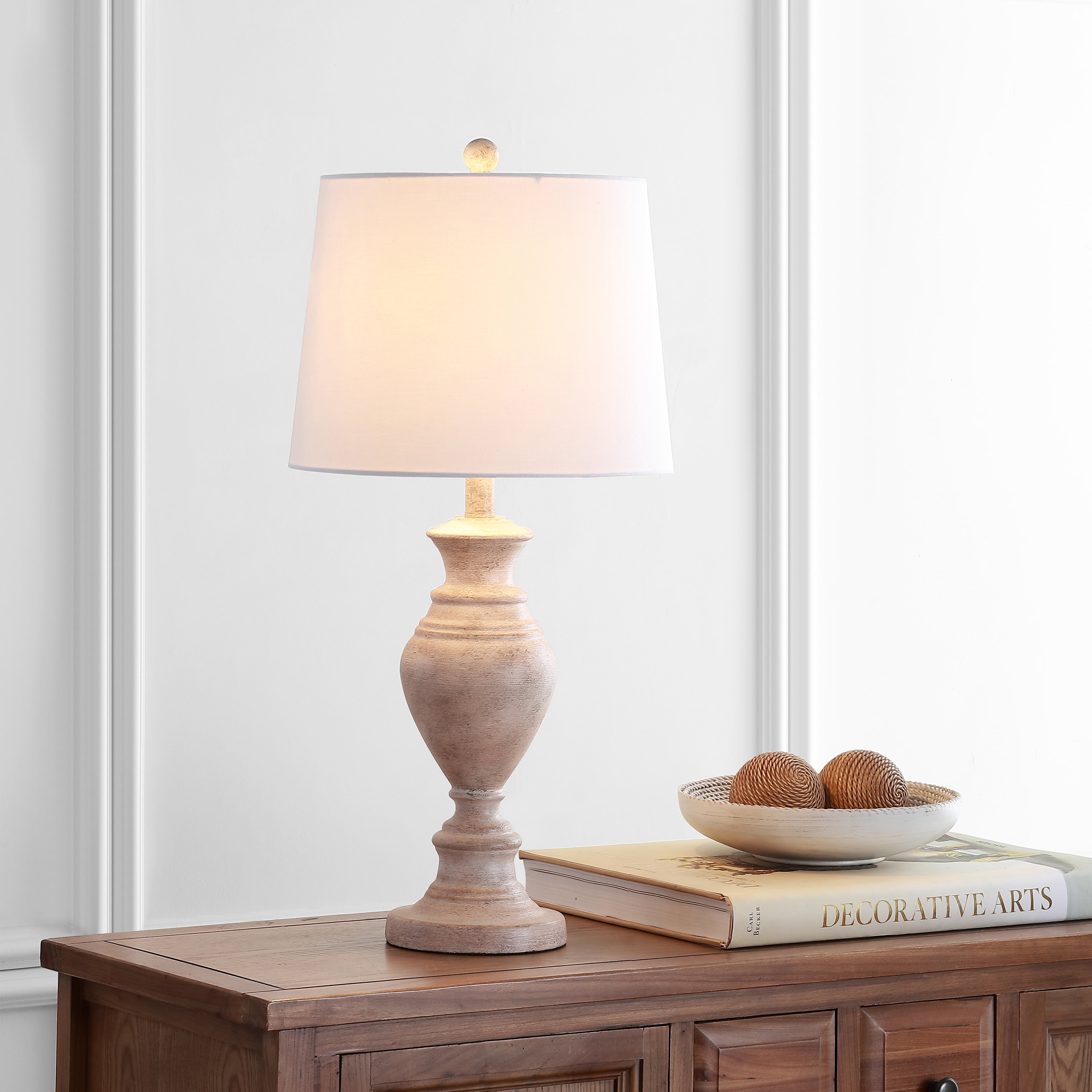 Safavieh Kyler 27.5 " 1-Light Rustic Farmhouse Brown Wood Finish Table Lamp with Off-White Glass Solid Print Drum Shade