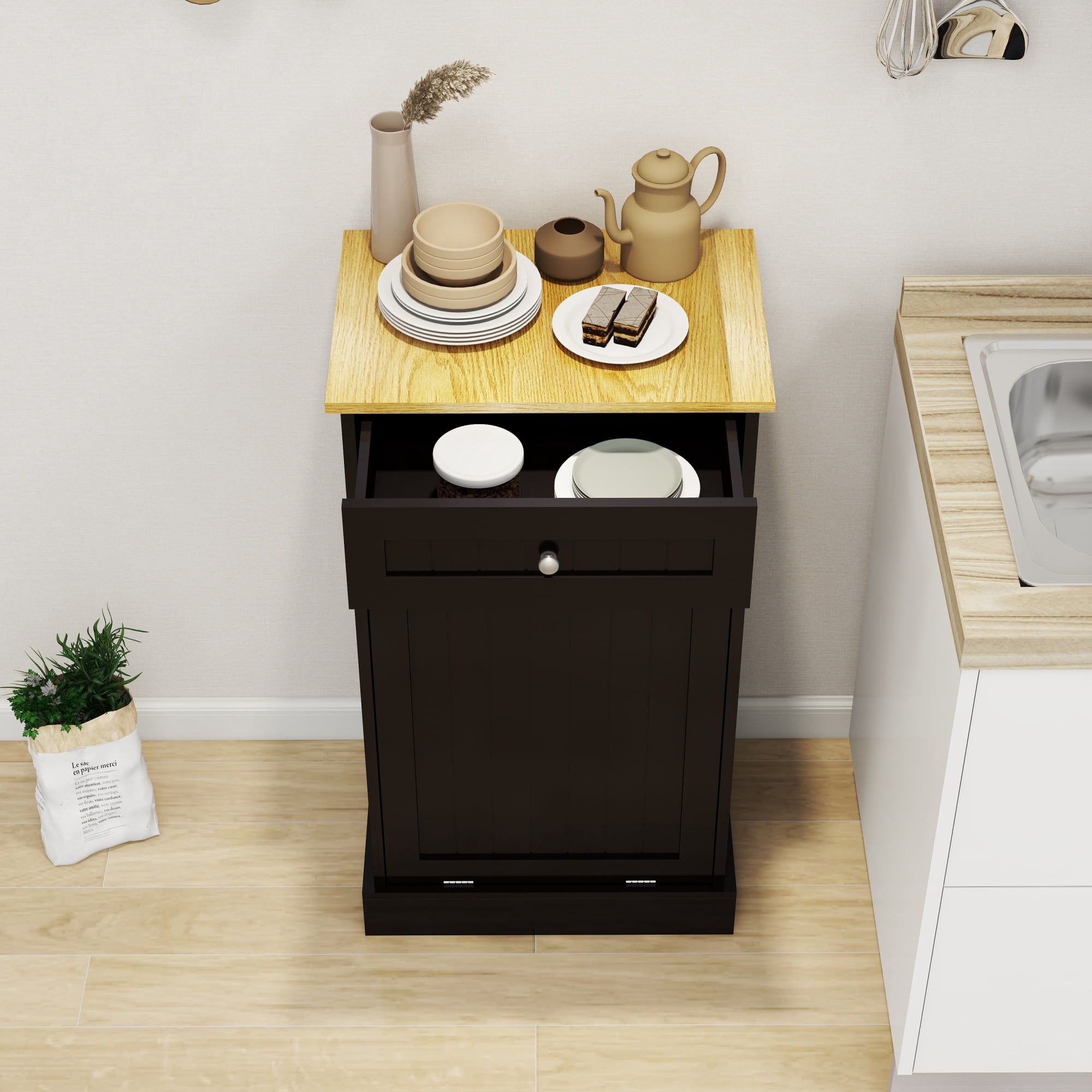 Leumius Tilt Out Trash Can Cabinet,10 Gallon Hidden Wooden Trash Can Cabinet with Drawer & Compartment ,Free Standing Garbage Cabinet for Kitchen, Living Room,Black