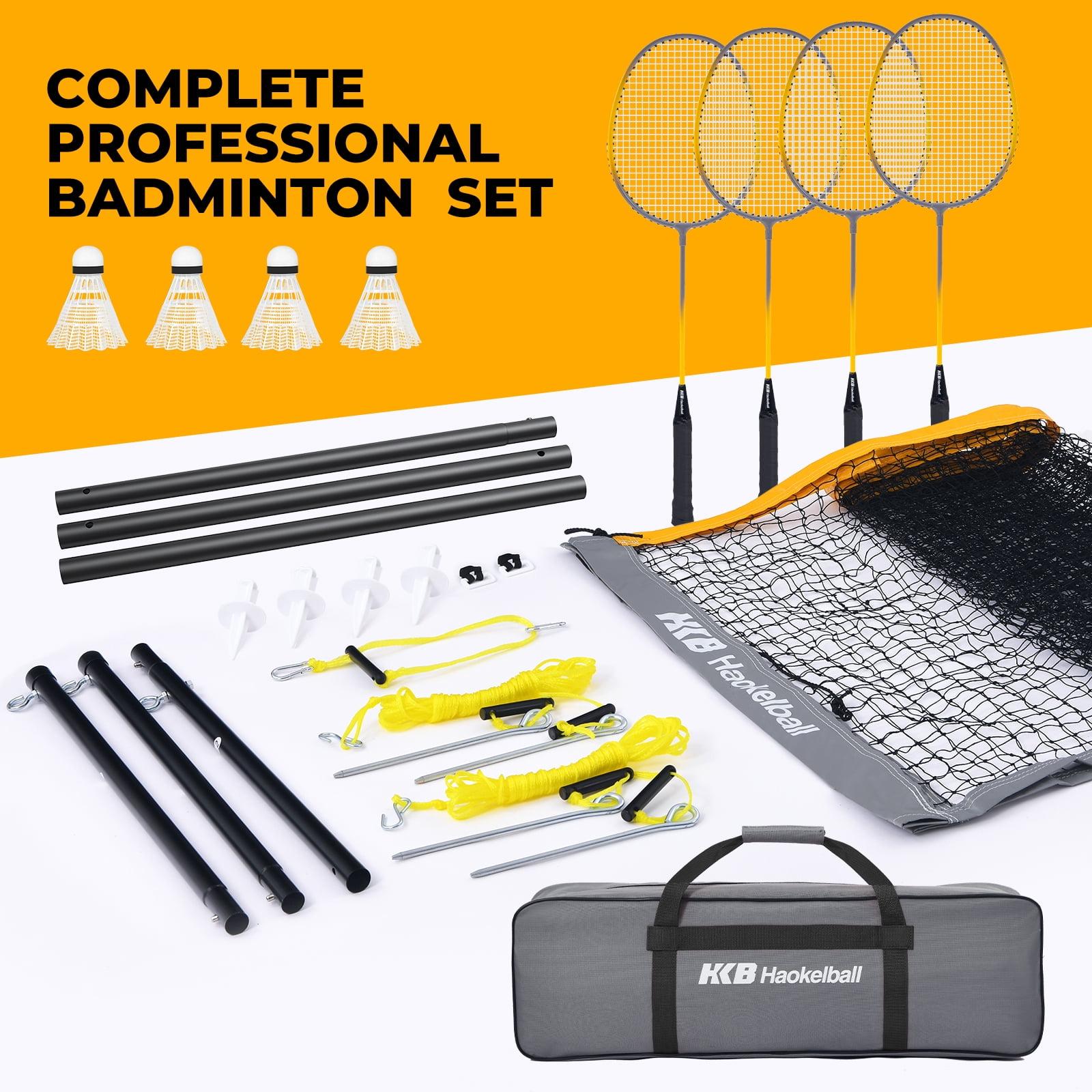Haokelball Badminton Set with Net for Backyard – Outdoor Game Set with Tension Adjuster, 4 Rackets, Shuttlecocks, Poles, Boundary Line & Carry Bag