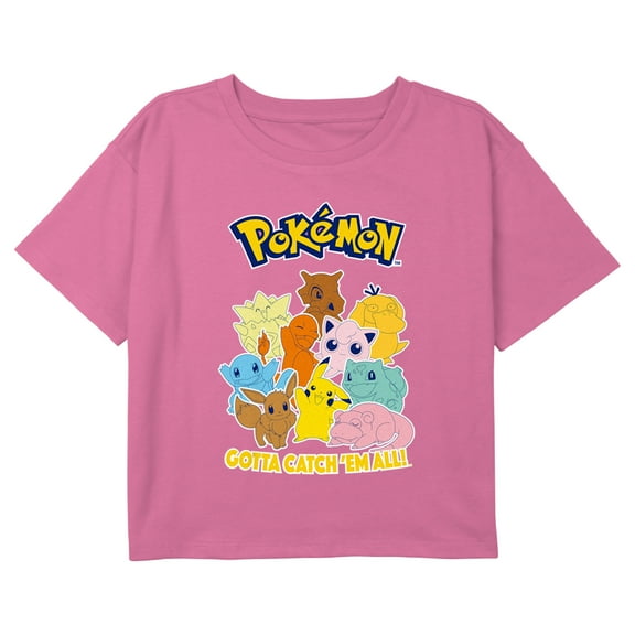 Girl's Pokemon Colorful Gotta Catch 'Em All Group Graphic Cropped T-Shirt Light Pink Small