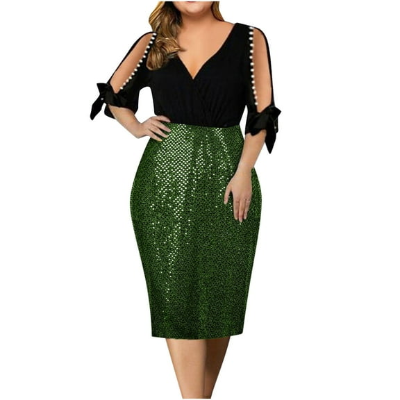 Odeerbi Dresses for Women 2025 Casual Dresses Solid Splicing V-Neck 3/4 Sleeve Bandage Sequins A-line Dress Green
