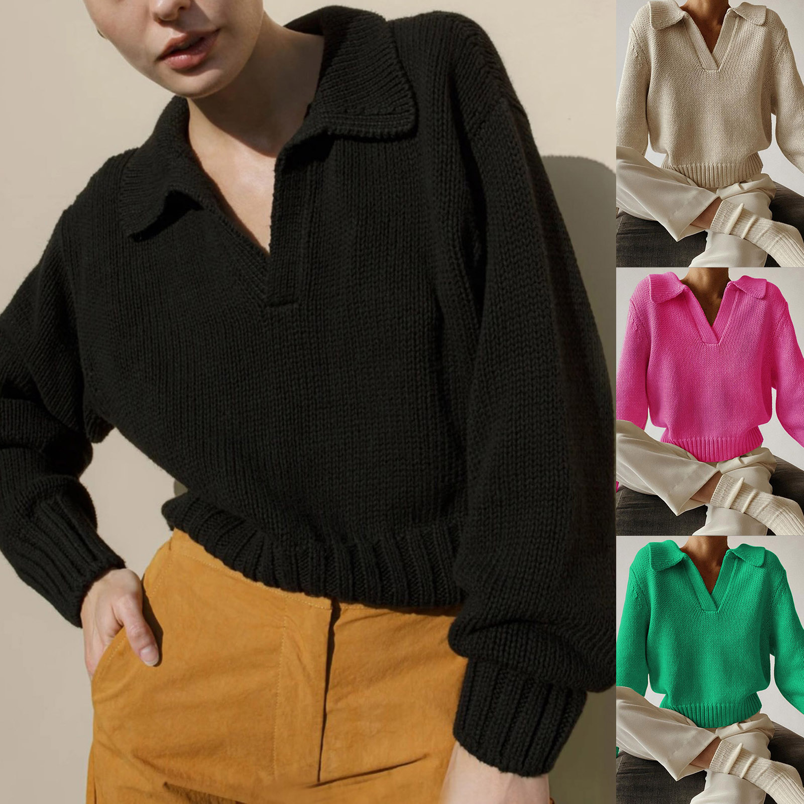 plain lapel patchwork winter loose sweater