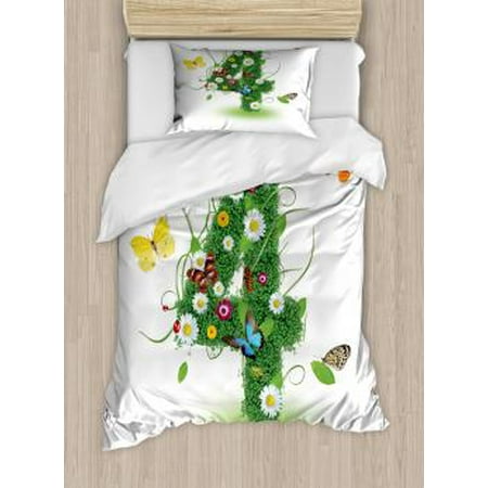 Twin Daisy Flowers Number Twin Size Duvet Cover Set, Botanical Four with Butterflies Daisy Flowers Spring Organic Nature Year Celebration, Decorative 2 Piece Bedding Set with 1 Pillow Sham, Multicolor, by Ambesonne ()