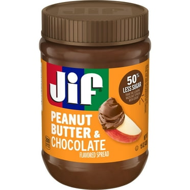 Jifs Peanut Butter & Chocolate Flavored Spread with 50% Less Sugar, Thick & Creamy Texture, 2 Pack
