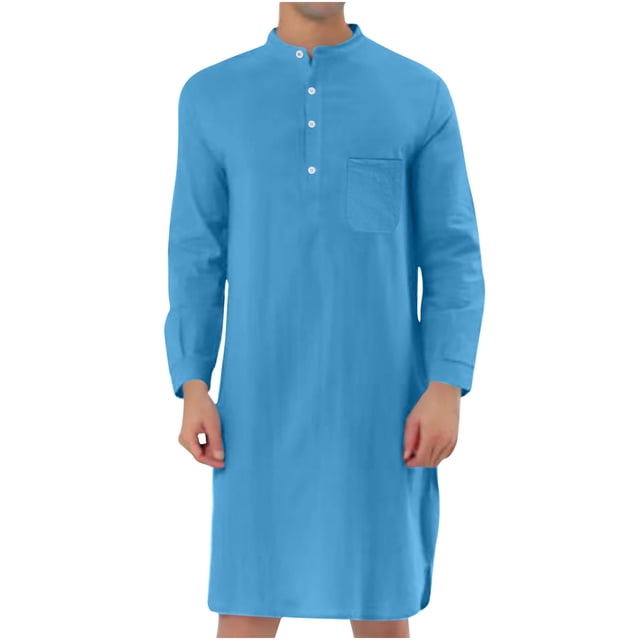 Aqestyerly Men Long tops Men'S Muslim Robe Set Arab Middle Robe Long Sleeve Standing Neck Pocket Button Casual Robe