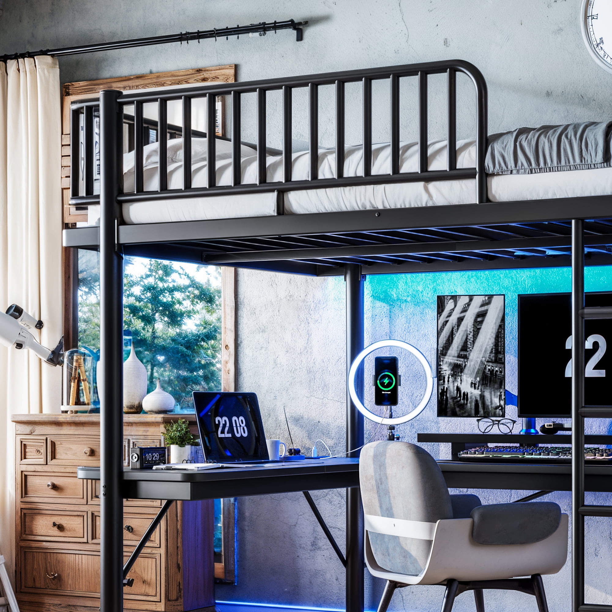 Mintazer Queen Metal Platform Loft Bed with L-Shaped Desk, LED Lights, Charging Station, Hanging Pipe, Safety Rail & PC Tray, Black