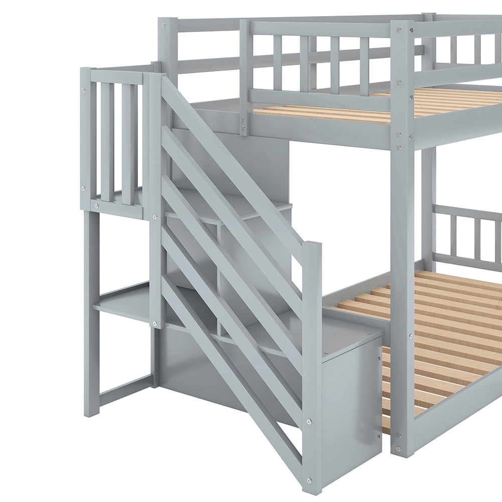 Kadyn Twin over Twin Floor Bunk Bed, Small Space Kids Bed with Storage Stairs, Gray
