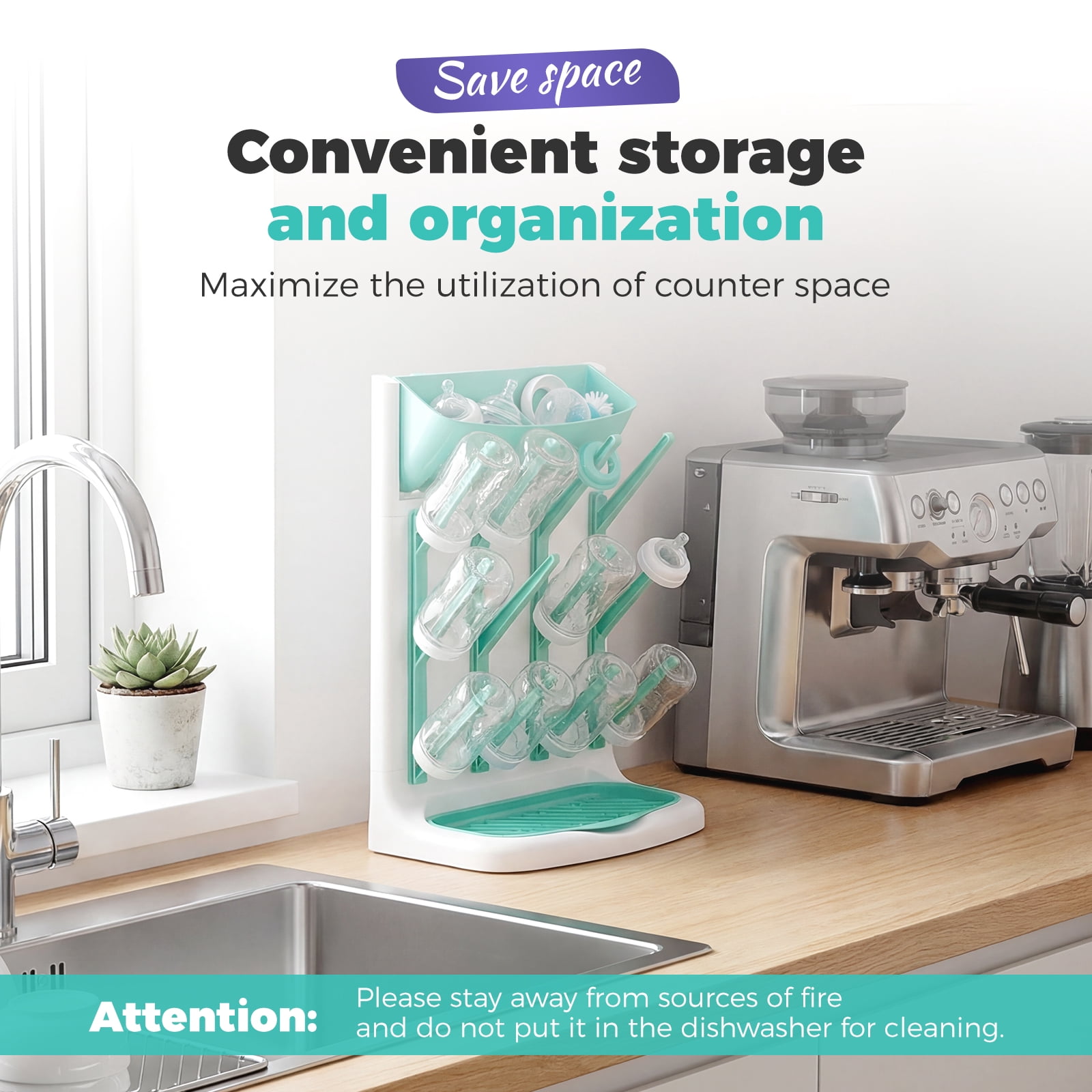 Baby Bottle Drying Rack Plastic Vertical Standing Bottle Dryer Holder with Detachable Bottom Drip Tray Space Saving for Kitchen Countertop
