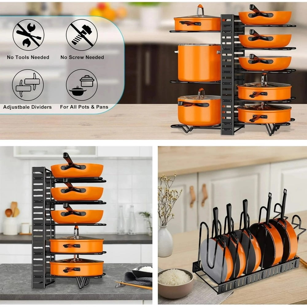 8-Tier Adjustable Pots and Pans Organizer Under Cabinet – Heavy-Duty Kitchen Storage Organization Rack for Cookware, Lids & Cutting Boards – DIY Cabinet Organizer, Under Sink Organizer