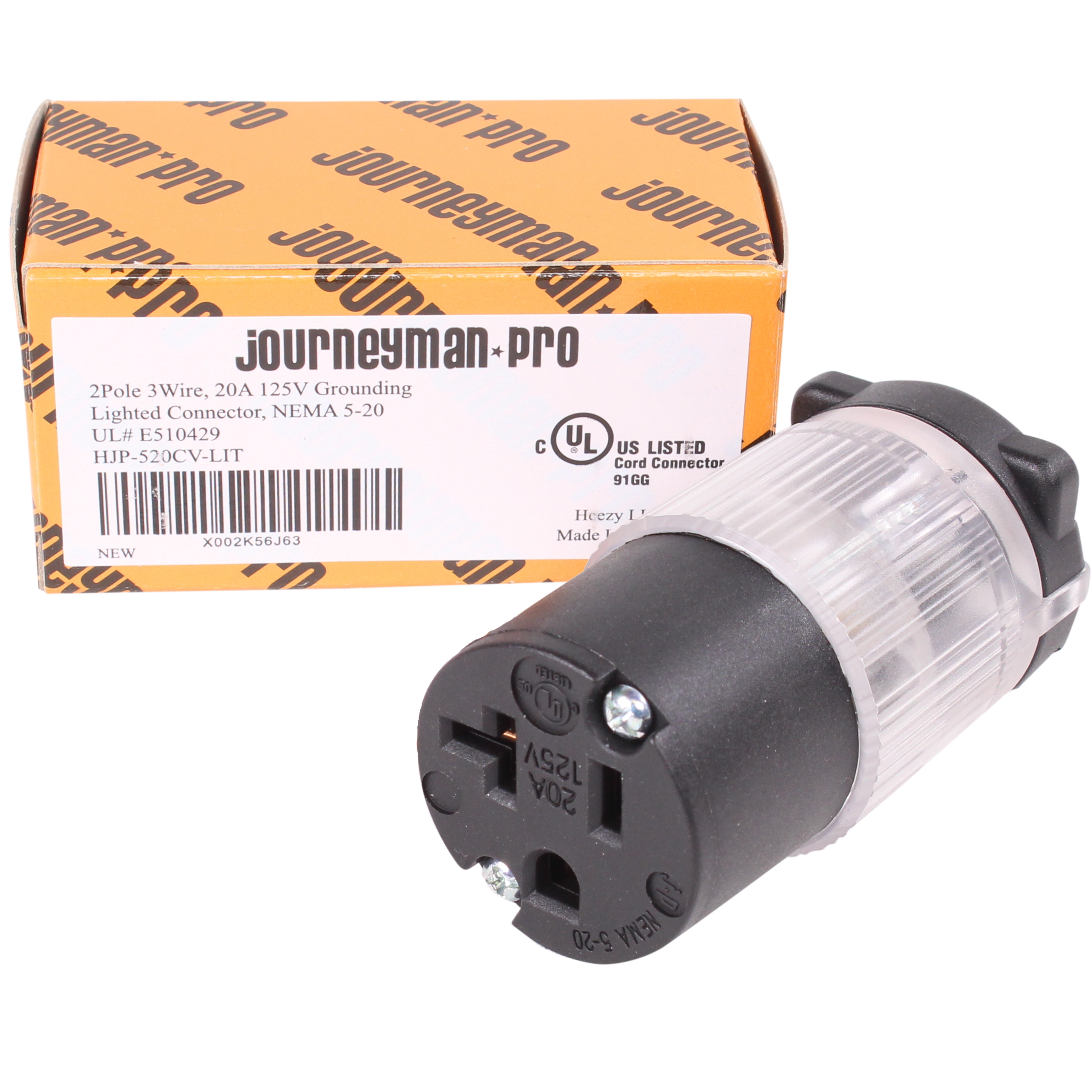 Journeyman-Pro 520CV-LIT Lighted 20 Amp 120-125 Volt, NEMA 5-20R, 2Pole 3Wire, Straight Blade, Female Plug Replacement Cord Connector Outlet, Commercial Grade PVC Power Indicating (BLACK LIT 1-PACK) - image 1 of 5