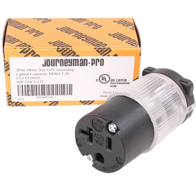 Journeyman-Pro 520CV-LIT Lighted 20 Amp 120-125 Volt, NEMA 5-20R, 2Pole 3Wire, Straight Blade, Female Plug Replacement Cord Connector Outlet, Commercial Grade PVC Power Indicating (BLACK LIT 1-PACK)