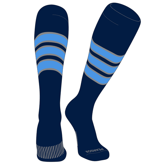 PEAR SOX Striped OTC Baseball, Softball, Football Socks (C) Navy, Silver, Sky Blue (XS)