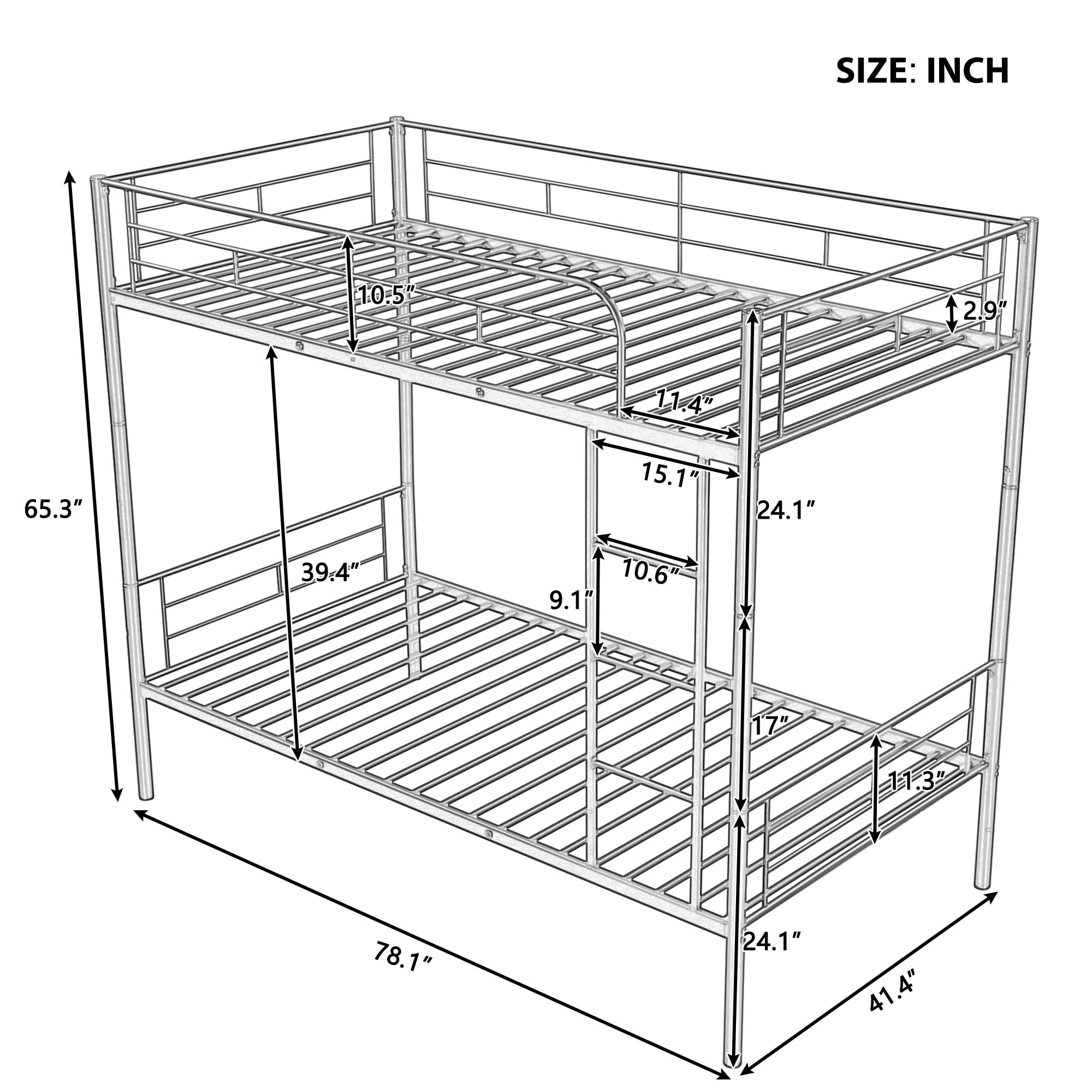 Gewnee Convertible Metal  Bunk Bed,Twin over Twin Bunk Bed with Ladder and Full-Length Guardrail for Kids and Teens,Silver