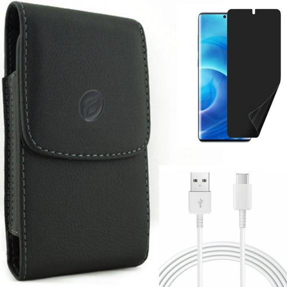 Case Belt Clip w Privacy Screen Protector w 10ft USB-C Cable for Samsung Galaxy S20 - Leather Holster, TPU Film [NOT GLASS], Type-C Charger Cord N5X fits Samsung Galaxy S20 Model