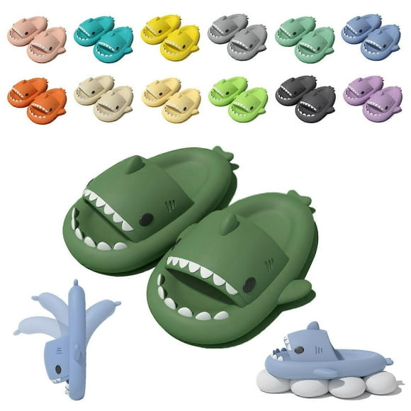 (dark green 40-41)Shark Slides Kid Adult Women Men Shark Slippers - Cloud Shark Slide Beach Sandals Unisex Pillow House Slipper
