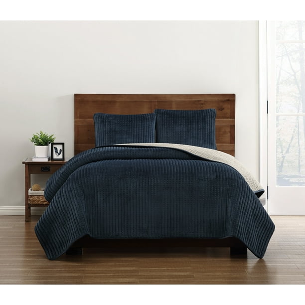 Truly Soft Everyday Velvet Pick Stitch Quilt Sets Navy Twin/Twin XL