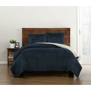 Truly Soft Everyday Velvet Pick Stitch Quilt Sets Navy King Quilt Set