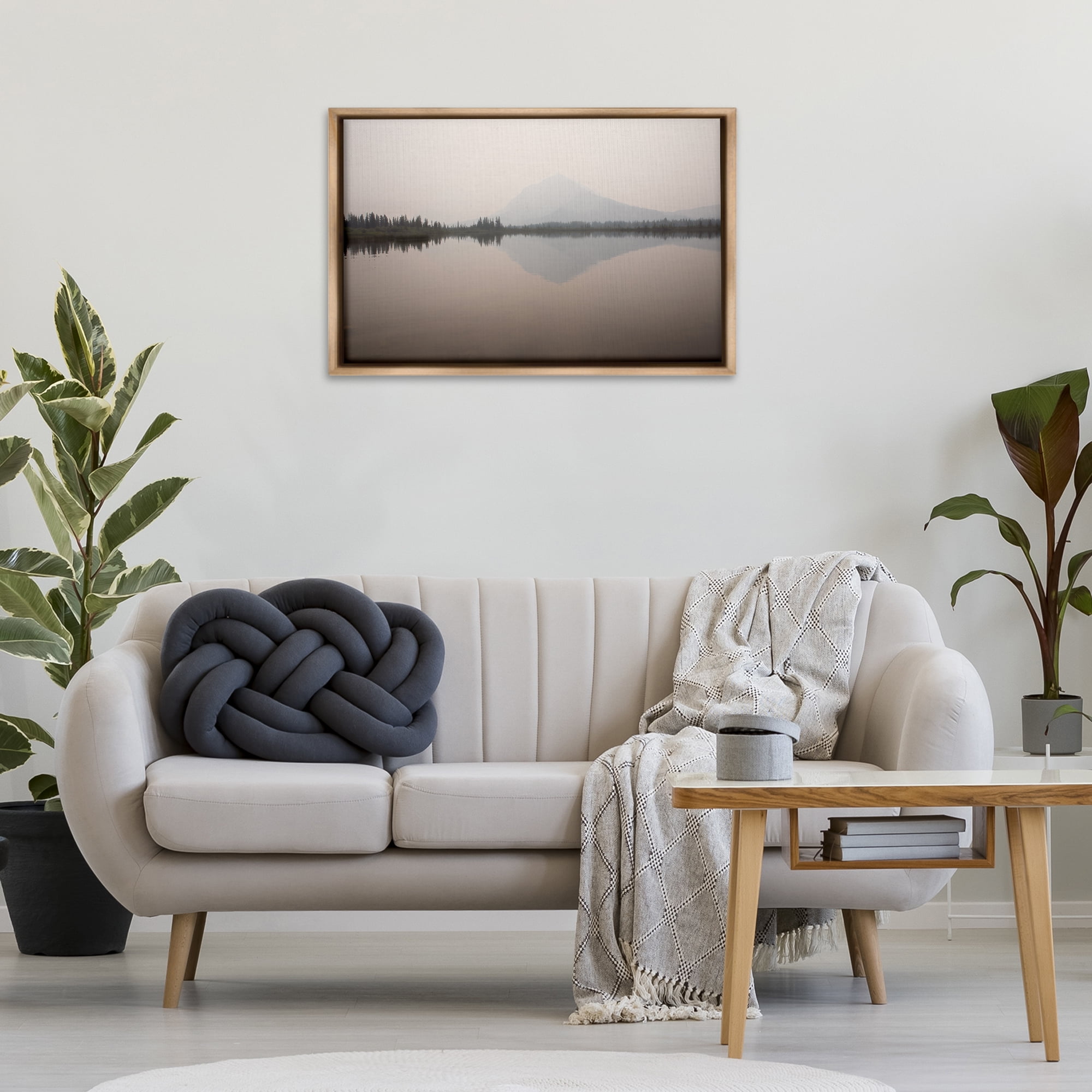 Stupell Industries Mountain Peak Reflecting Lake Landscape & Nature Photography Brown Floater Framed Canvas Art Print Wall Art, 31 x 21