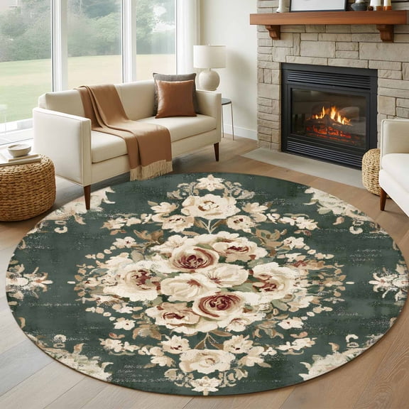 8ft Round Rug, Retro Flower Boho Non-Skid Rubber Backing Large Area Rugs - Living Room Bedroom Home Office, Traditional Oriental Bohemia Tribal Aesthetics Indoor Floor Mat Carpets Washable Rug