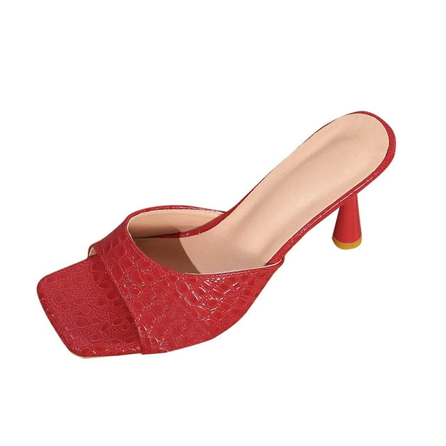 Heeled Mules for Womens Backless Open Square Toe Stiletto Heeled Slides Stone Embossing Mule Sandals Dress Shoes Red