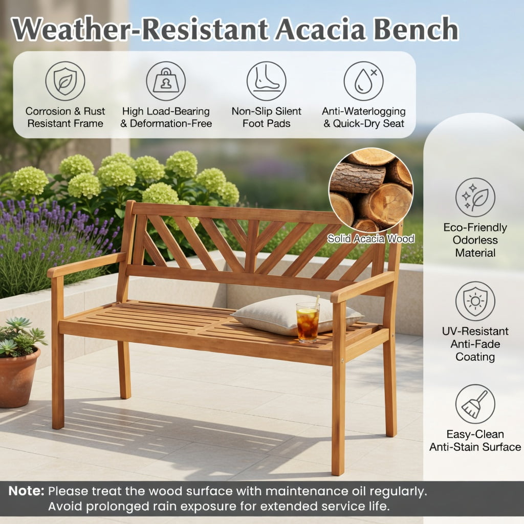 Hommoo 2-Person Acacia Wood Patio Bench with Armrests & Ergonomic Backrest – Teak Outdoor Garden Chair for Porch, Deck, or Poolside
