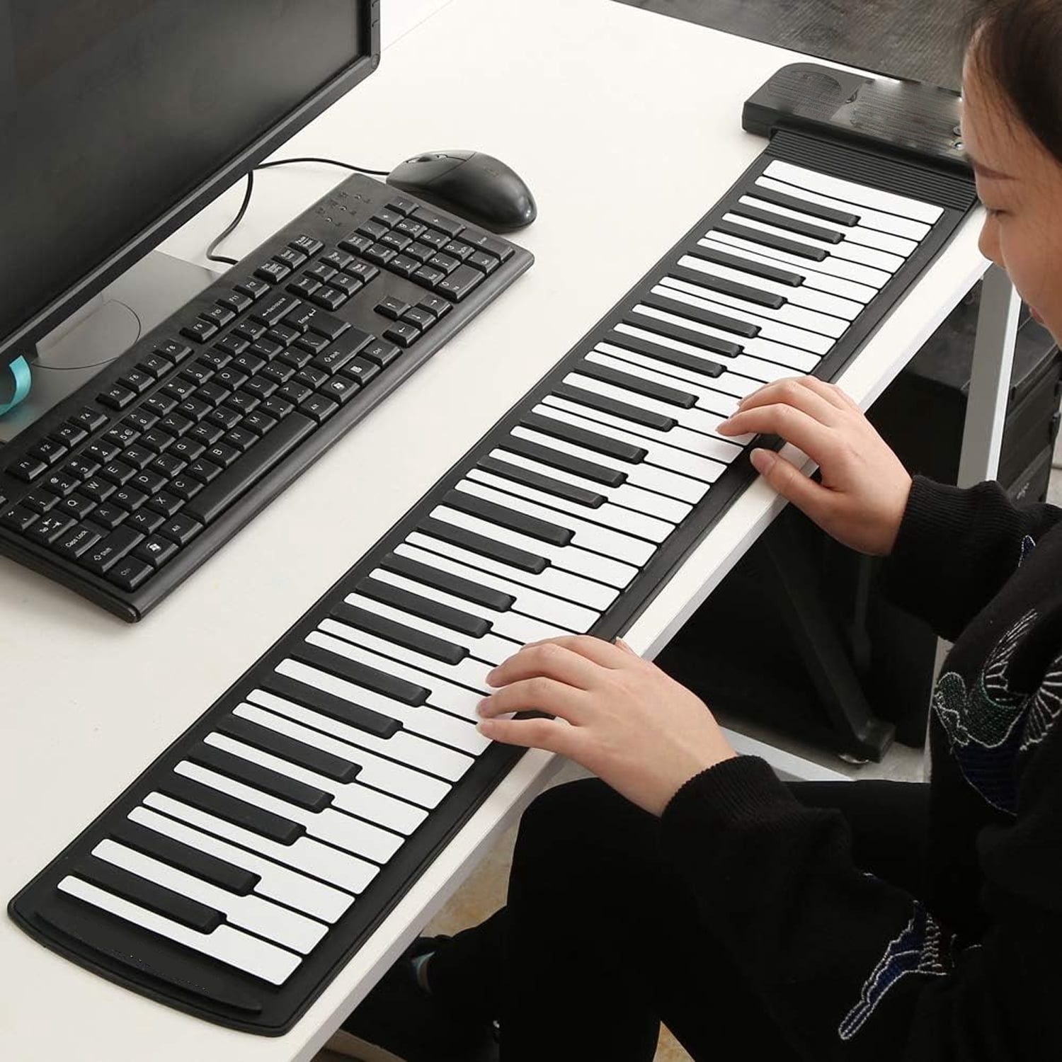 61 Key Roll Up Piano Keyboard with pedals, Electronic digital keyboard Different of Timbres, Rhythms, Songs for Beginners and Kids (Black White 61keys)