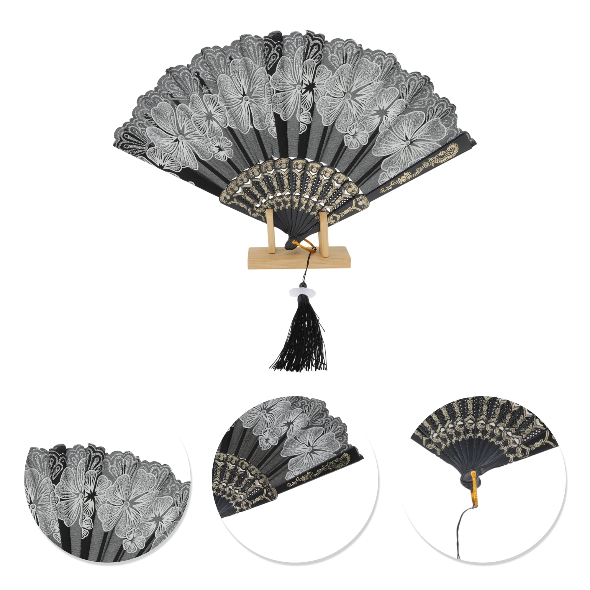 Unique Bargains Rose Lace Folding Fan with Tassel for Weddings and Parties in Silver Tone, 1 Pc