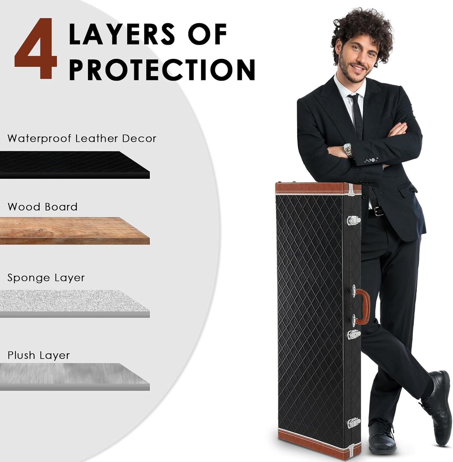 HarmonyStrings Guitar Hard Case, Rectangle Wooden Standard 39-Inch Electric Guitars Hard-Shell Protective Carrying Case for KST/KTL/170 Model with Lock Latch Padding Diamond Black