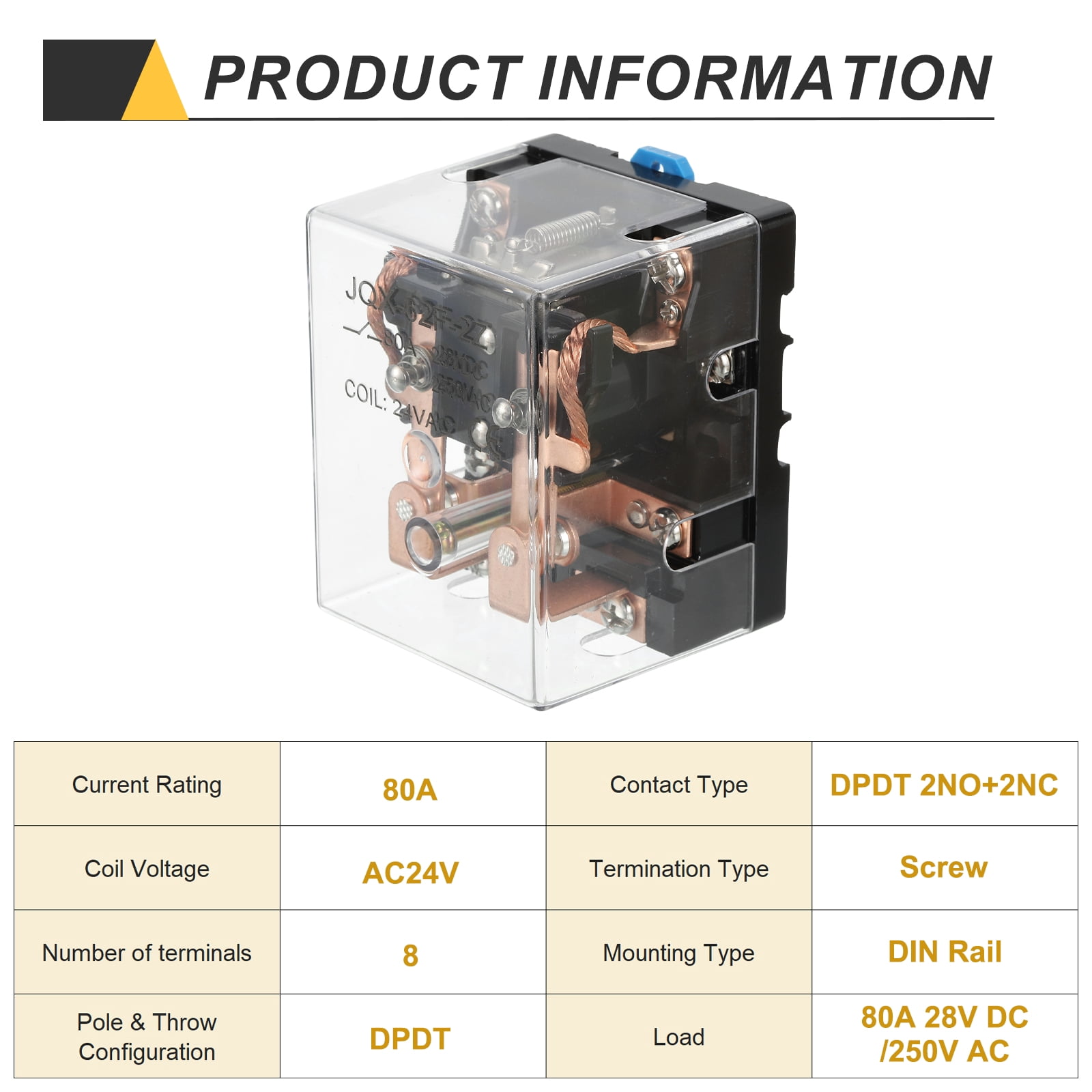 AC24V 80A Electromagnetic Relay, High Power Relay DPDT 2NO 2NC 8 Terminals Din Rail Mounting
