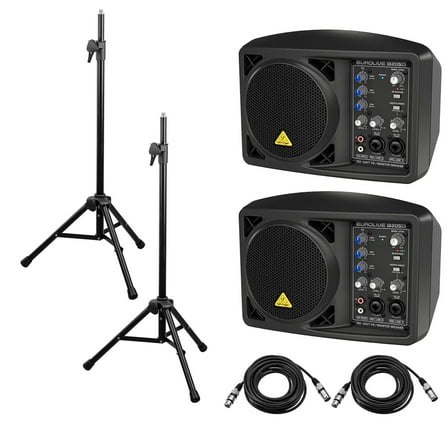 Behringer Eurolive B205D Multi-purpose 150 Watt Active PA and Monitor Speaker System Bundle With H&A Reflection Filter Tripod Mic Stand, 2 H&A 25' XLR Cables