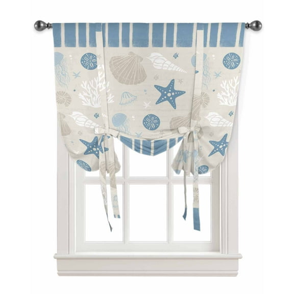 Light Blue Coastal Coral Tie Up Curtains for Kitchen Bathroom Bedroom Windows 63 Inch Length,Nautical Ocean Beach Starfish Beige Balloon Drape Curtains Shade Rod Pocket Drapery Curtain Panel,52"x63"