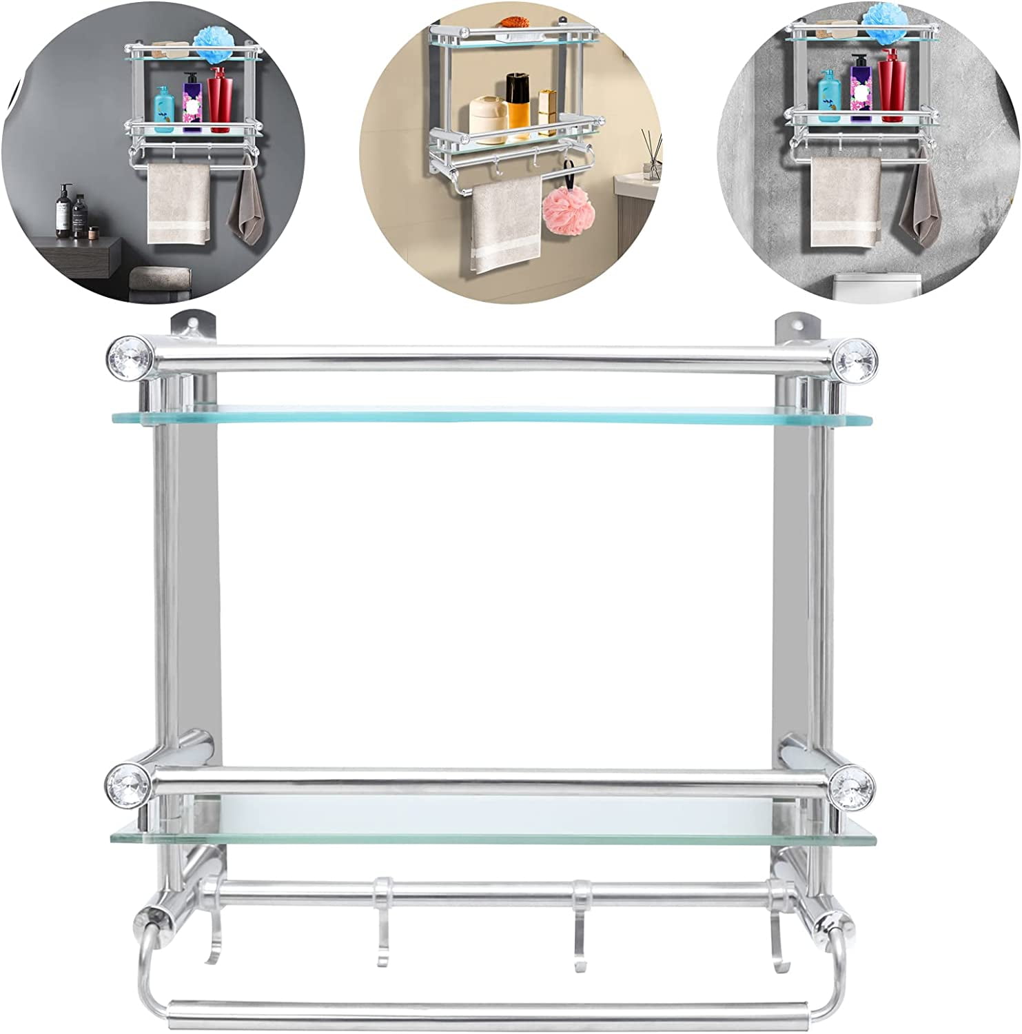 DENEST 2 Tier Bathroom Shelf with 15" Towel Bar Wall Mounted Tempered