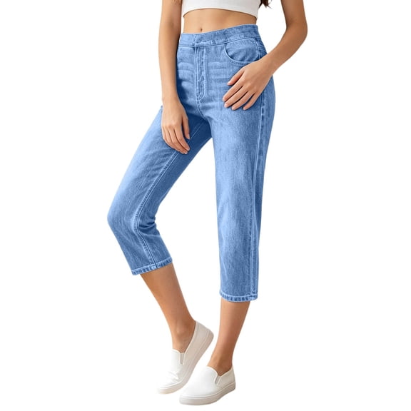 Yuhangmm Women's Pants Women Casual Capri Jeans Stretch Denim Cropped Pants Mid Rise Everyday Comfortable Summer Style Sky Blue XXXL