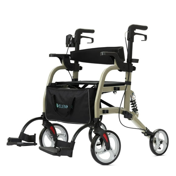 Andador y silla de transporte 2 en 1 ELENKER para personas mayores, andador plegable con asiento ancho y amortiguador, color champán
