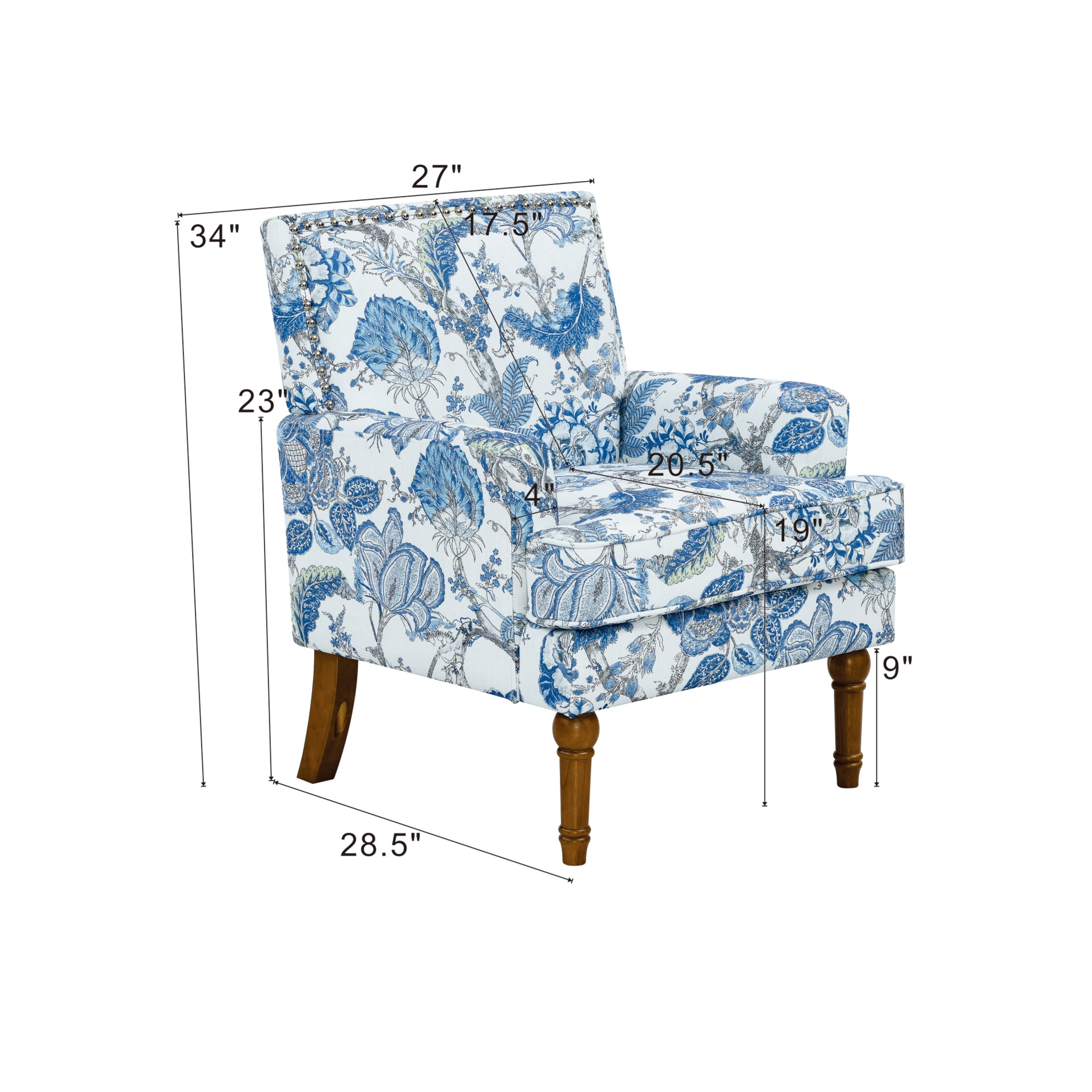 Noble House Floral Accent Chair with Nailhead Trim, Solid Wood Legs, Blue + White